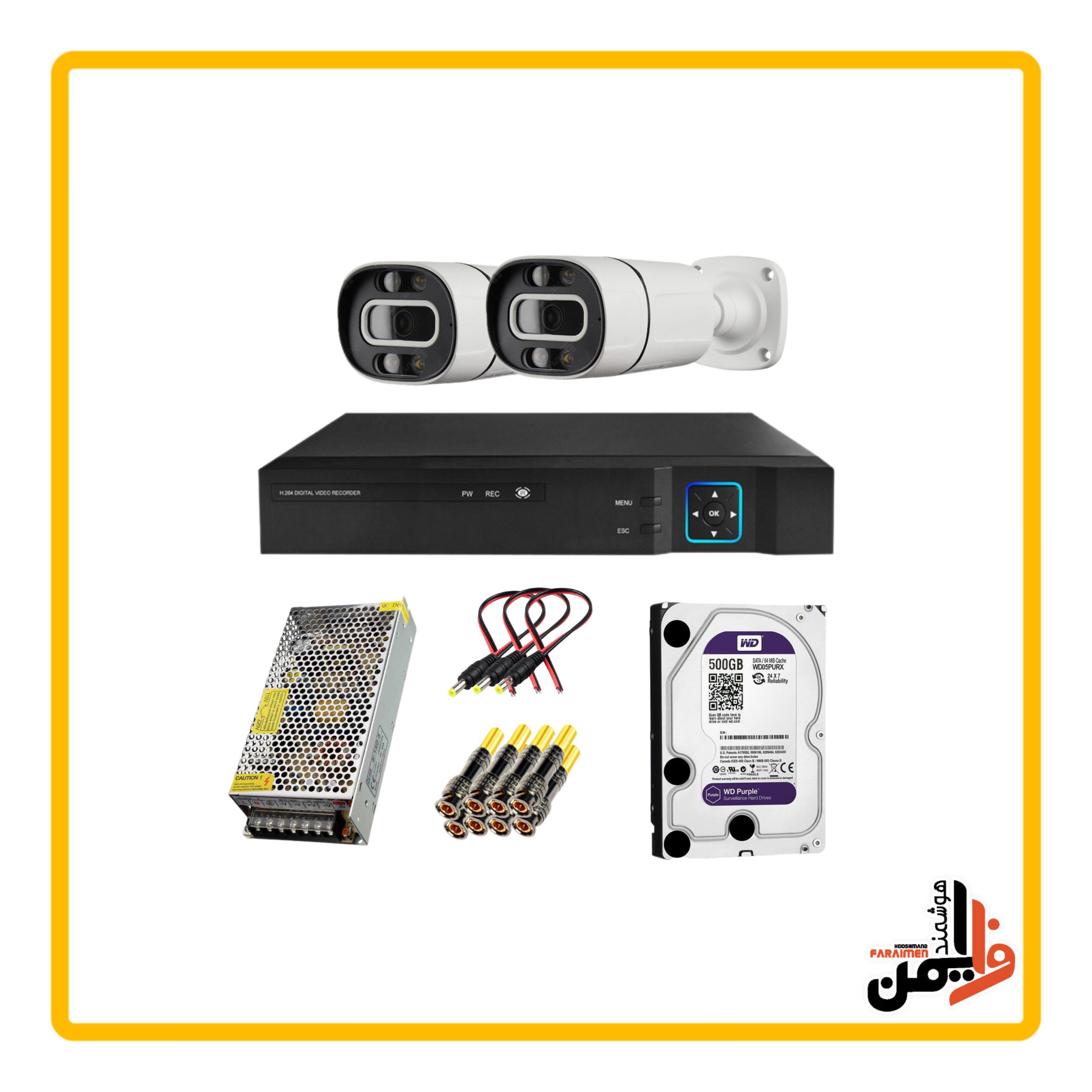 پک بیزینس آرسس دستگاه ۴ کانال همراه با 2 عدد دوربین وارم لایتهارد ۵۰۰ گیگابایت بنفشاتصالات کامل